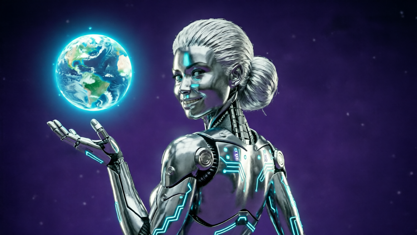 Osória, a inteligência artificial da Osoria, segurando o planeta Terra
